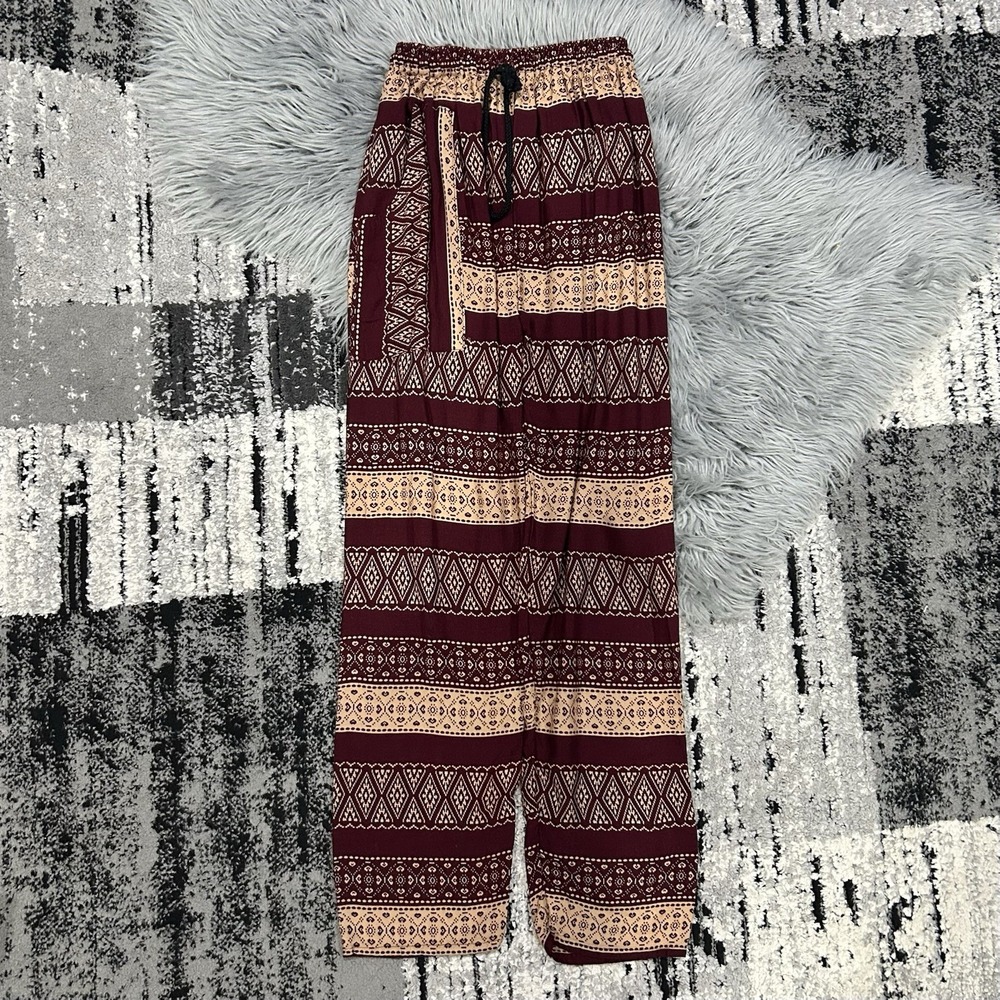 Women's Wide-Leg Maroon/Tan Tribal Print Palazzo Pants Size Small